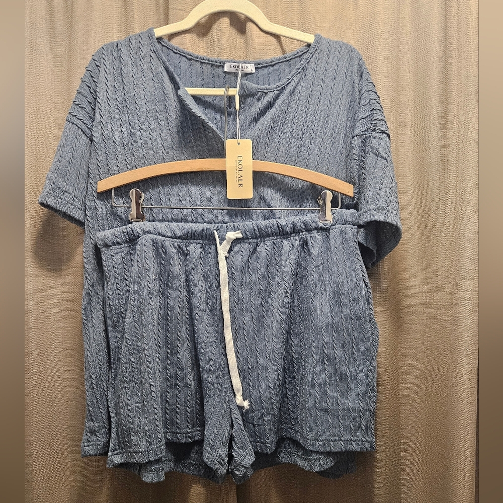 Blue Textured Short Sleeve Top and Shorts Set